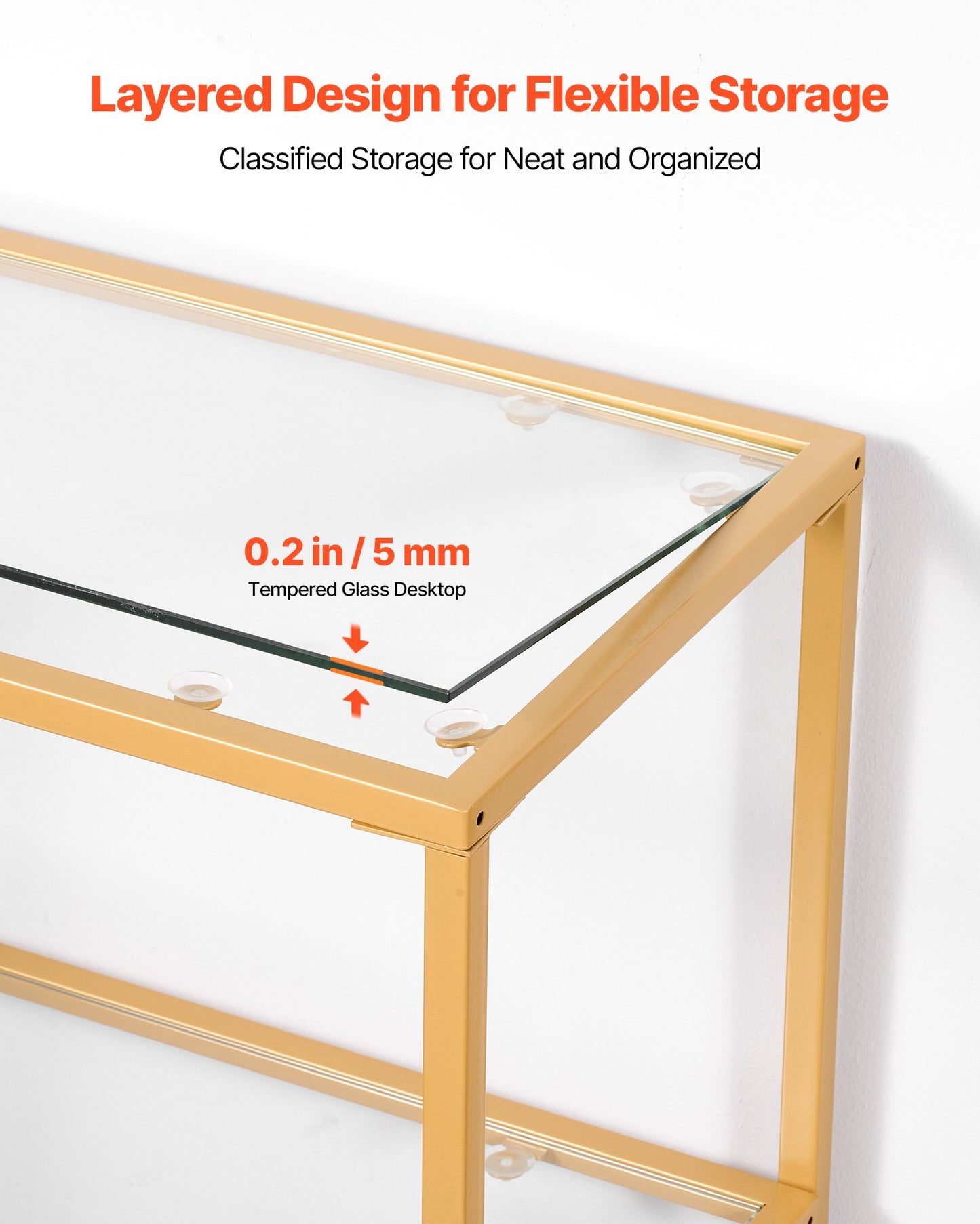 3-Tier Glass Console Table, Modern Rectangle Sofa Side Table with Tempered Glass Top and Iron Legs, Golden Consloe Desk with Anti-Tip Device for Living Room, Hallway, Entryway, Foyer, Golden