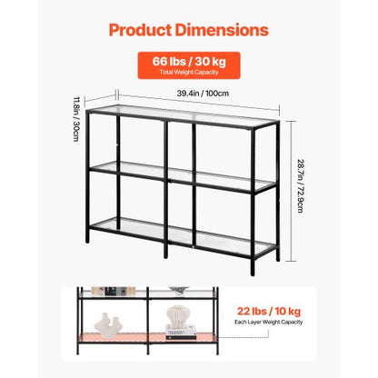 3-stufiger Glaskonsolentisch, rechteckiger Beistelltisch mit Kippschutz, schwarz