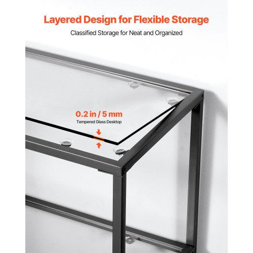 3-stufiger Glaskonsolentisch, rechteckiger Beistelltisch mit Kippschutz, schwarz