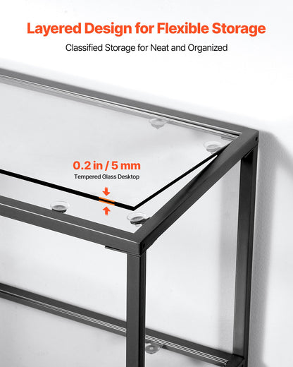 3-Tier Glass Console Table, Modern Rectangle Sofa Side Table with Tempered Glass Top and Iron Legs, Golden Consloe Desk with Anti-Tip Device for Living Room, Hallway, Entryway, Foyer, Black