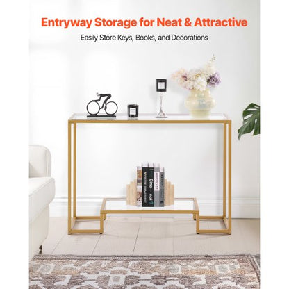 2-vånings glaskonsolbord rektangulärt soffbord med tippskydd gyllene