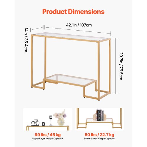 2-vånings glaskonsolbord rektangulärt soffbord med tippskydd gyllene