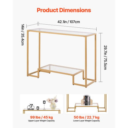 2-vånings glaskonsolbord rektangulärt soffbord med tippskydd gyllene