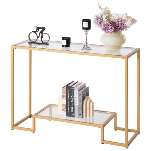 2-Tier Glass Console Table, Modern Rectangle Sofa Side Table with Tempered Glass Top and Iron Legs, Golden Consloe Desk with Anti-Tip Device for Living Room, Hallway, Entryway, Foyer, Golden