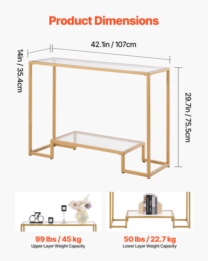 2-Tier Glass Console Table, Modern Rectangle Sofa Side Table with Tempered Glass Top and Iron Legs, Golden Consloe Desk with Anti-Tip Device for Living Room, Hallway, Entryway, Foyer, Golden