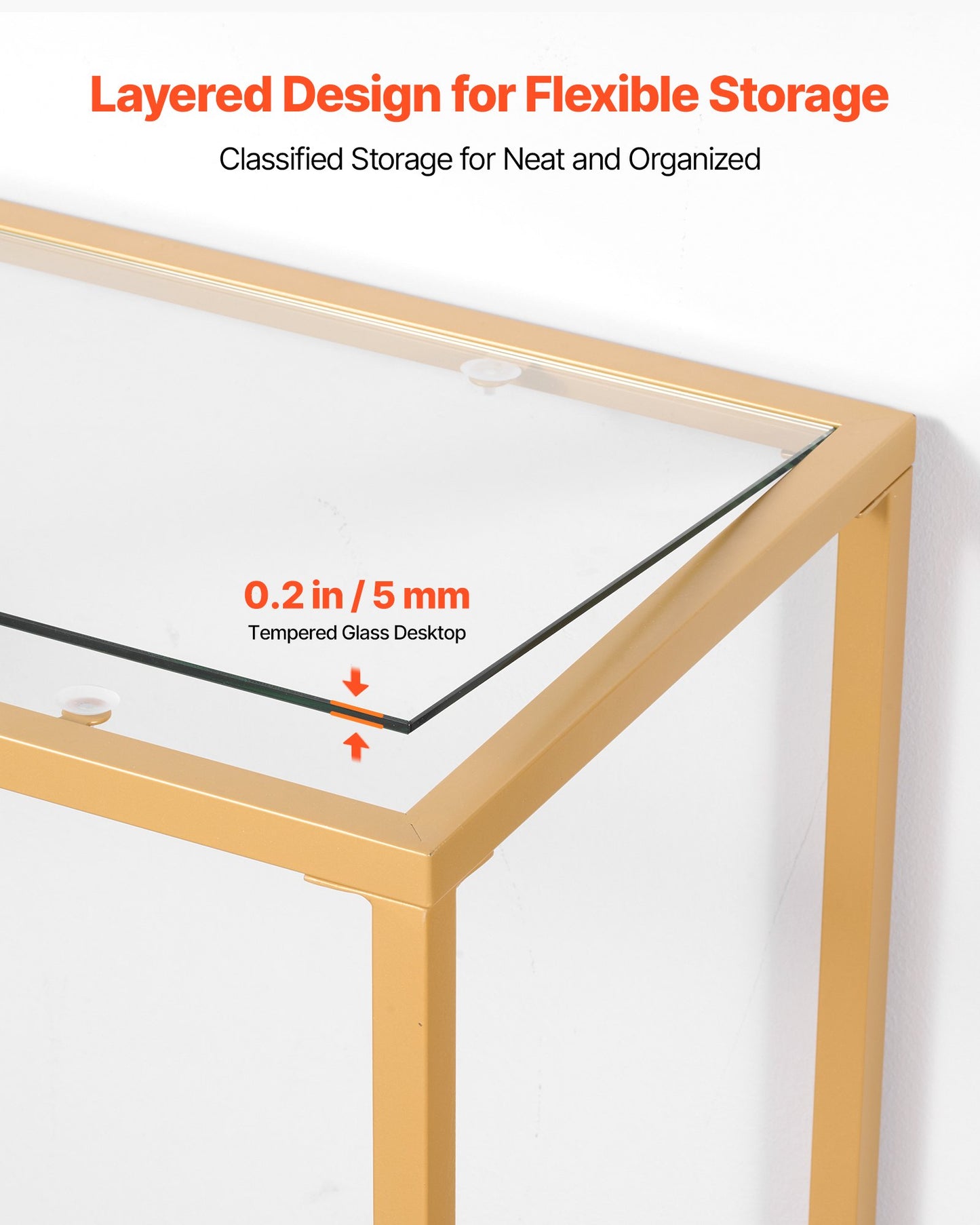 2-Tier Glass Console Table, Modern Rectangle Sofa Side Table with Tempered Glass Top and Iron Legs, Golden Consloe Desk with Anti-Tip Device for Living Room, Hallway, Entryway, Foyer, Golden