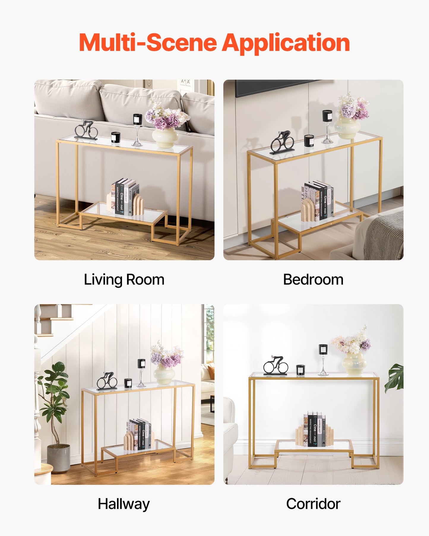 2-Tier Glass Console Table, Modern Rectangle Sofa Side Table with Tempered Glass Top and Iron Legs, Golden Consloe Desk with Anti-Tip Device for Living Room, Hallway, Entryway, Foyer, Golden