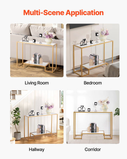 2-Tier Glass Console Table, Modern Rectangle Sofa Side Table with Tempered Glass Top and Iron Legs, Golden Consloe Desk with Anti-Tip Device for Living Room, Hallway, Entryway, Foyer, Golden