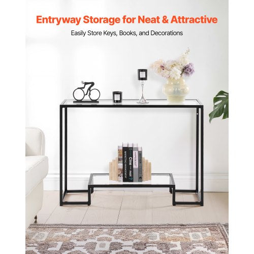 2-stufiger Glaskonsolentisch, rechteckiger Beistelltisch mit Kippschutz, schwarz