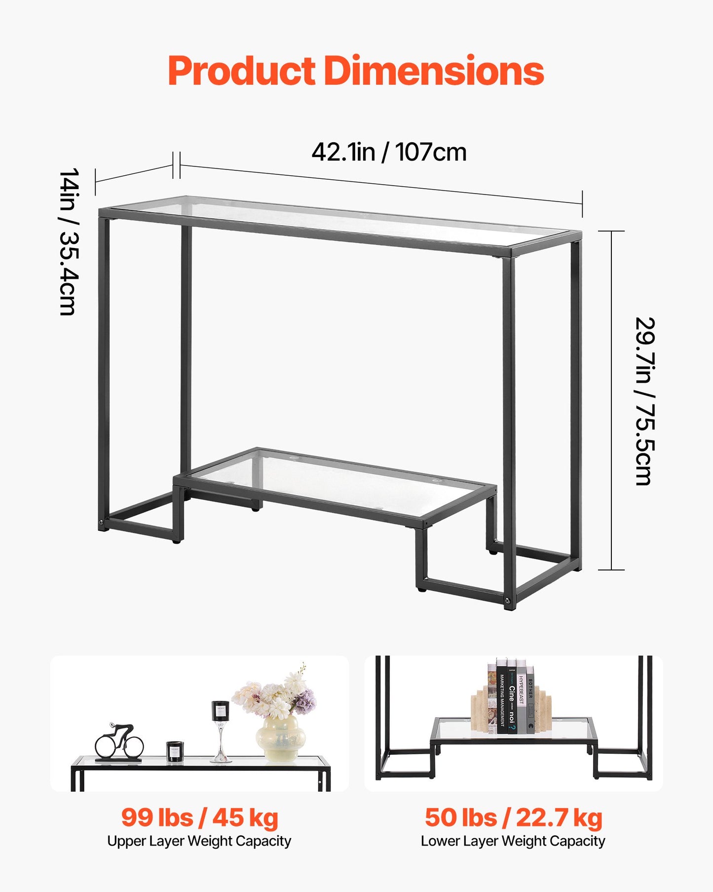 2-Tier Glass Console Table, Modern Rectangle Sofa Side Table with Tempered Glass Top and Iron Legs, Golden Consloe Desk with Anti-Tip Device for Living Room, Hallway, Entryway, Foyer, Black