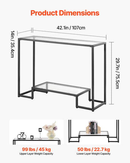 2-Tier Glass Console Table, Modern Rectangle Sofa Side Table with Tempered Glass Top and Iron Legs, Golden Consloe Desk with Anti-Tip Device for Living Room, Hallway, Entryway, Foyer, Black