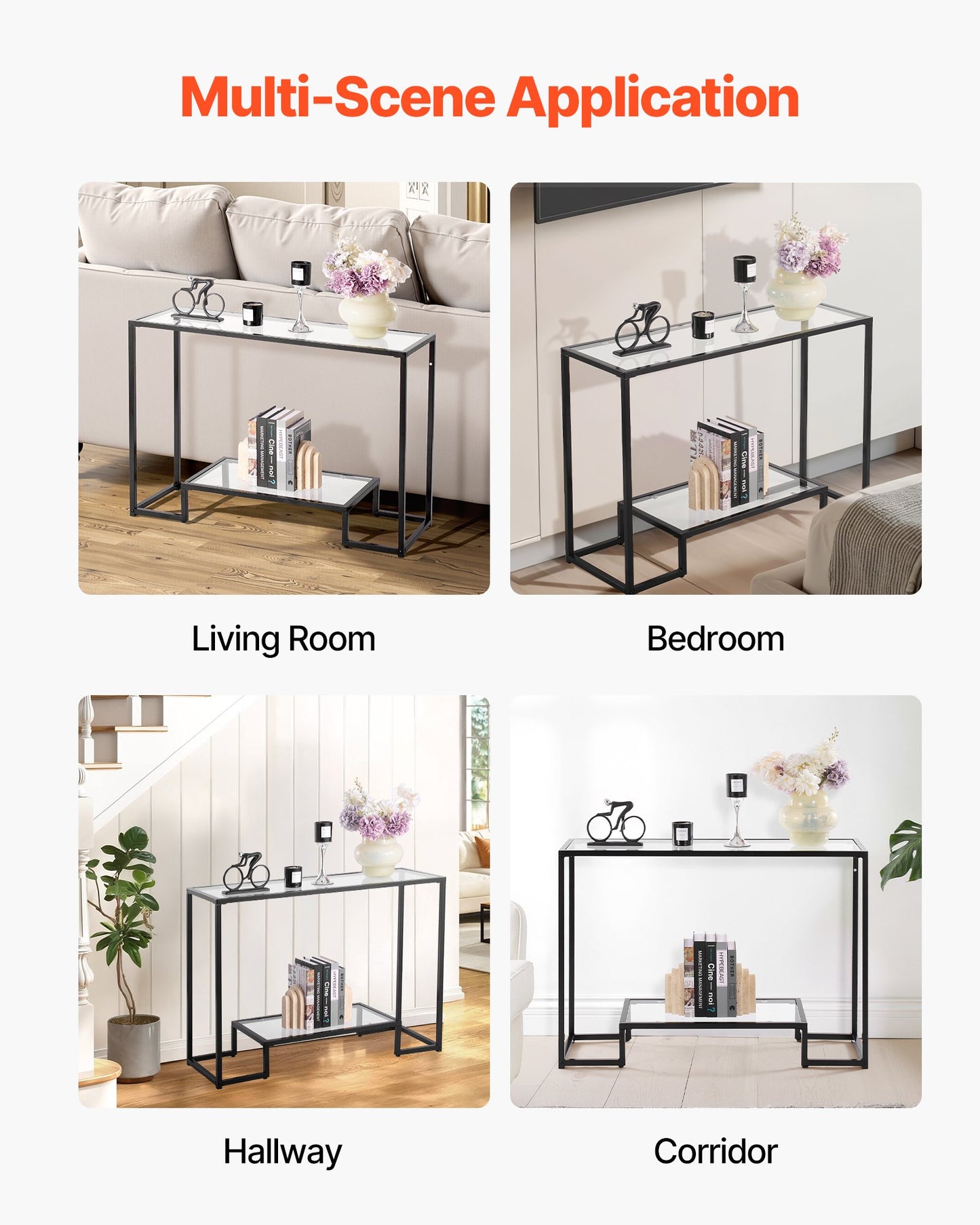 2-Tier Glass Console Table, Modern Rectangle Sofa Side Table with Tempered Glass Top and Iron Legs, Golden Consloe Desk with Anti-Tip Device for Living Room, Hallway, Entryway, Foyer, Black