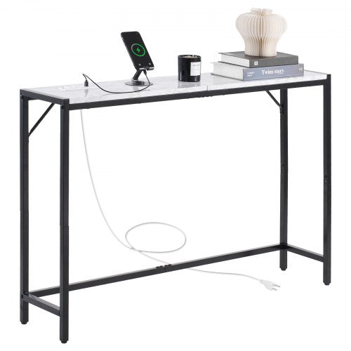 Marble Console Table, Modern Narrow Long Console Table with Power Outlet, Thin Sofa Side Table with Iron Tubes, Anti-Tip Device and Triangular Support for Living Room, Hallway, Entryway, Foyer