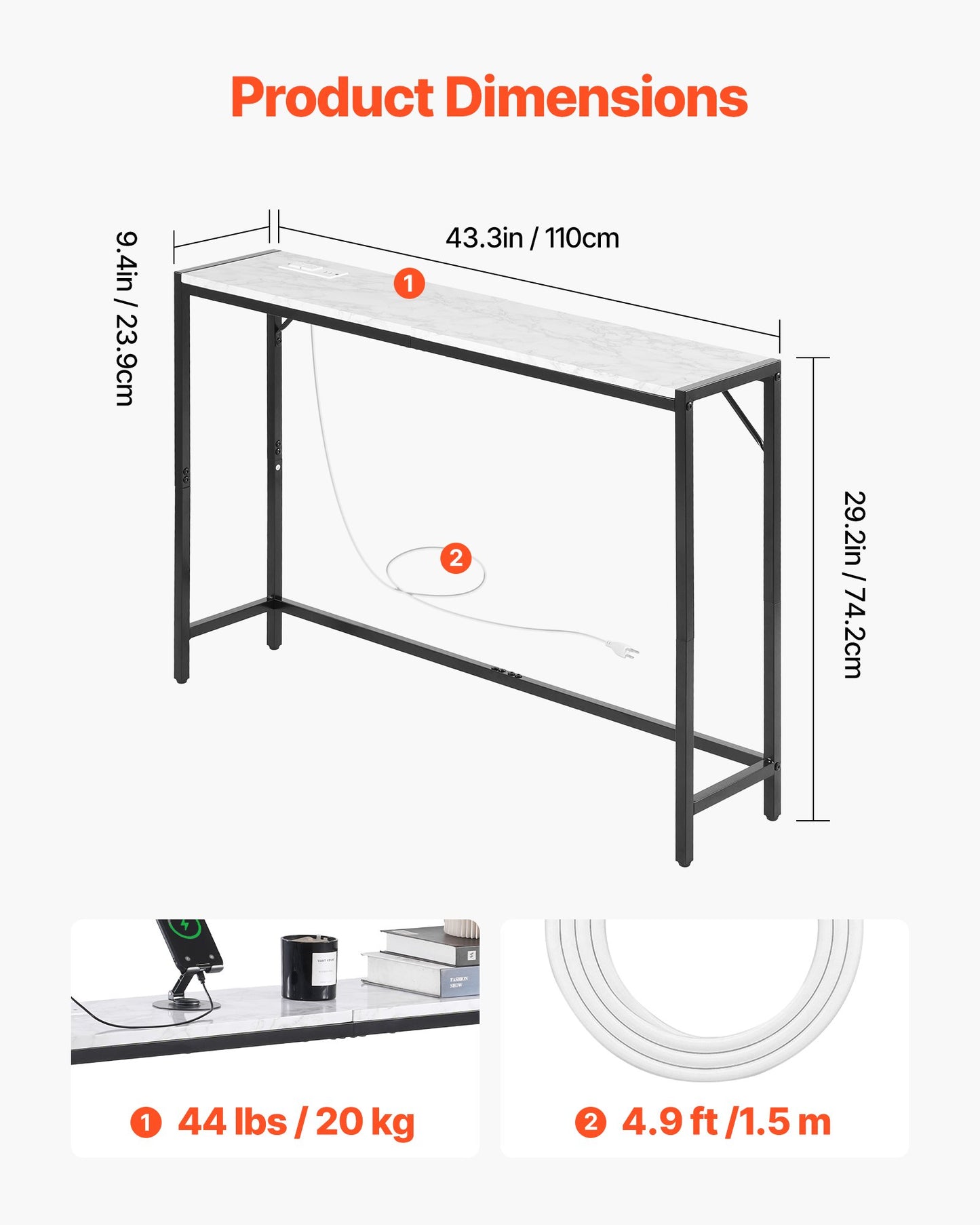 Marble Console Table, Modern Narrow Long Console Table with Power Outlet, Thin Sofa Side Table with Iron Tubes, Anti-Tip Device and Triangular Support for Living Room, Hallway, Entryway, Foyer