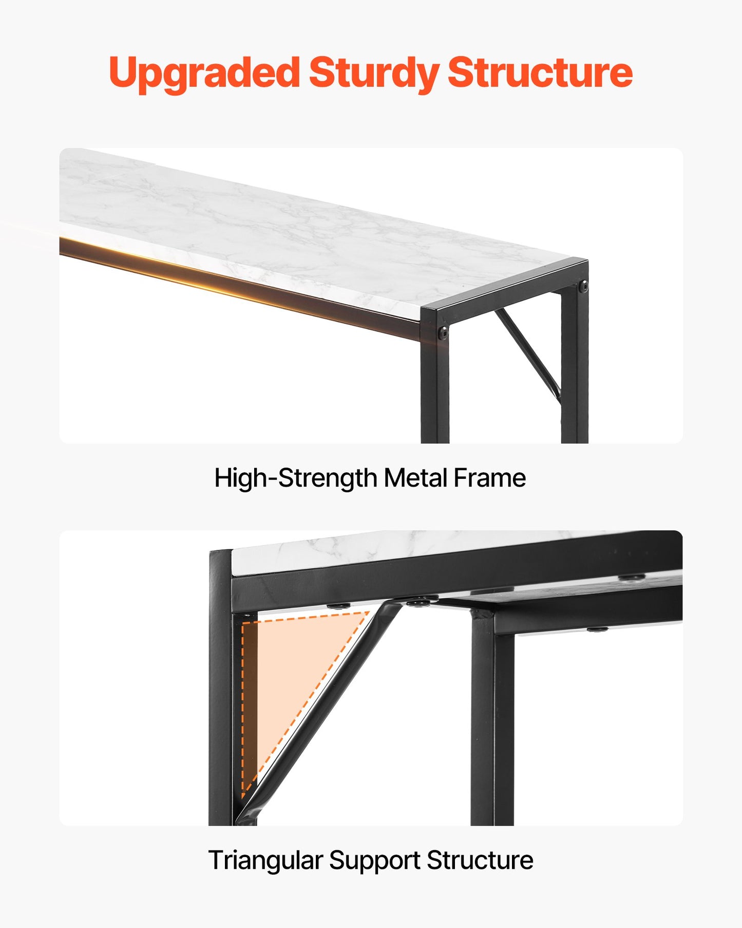 Marble Console Table, Modern Narrow Long Console Table with Power Outlet, Thin Sofa Side Table with Iron Tubes, Anti-Tip Device and Triangular Support for Living Room, Hallway, Entryway, Foyer
