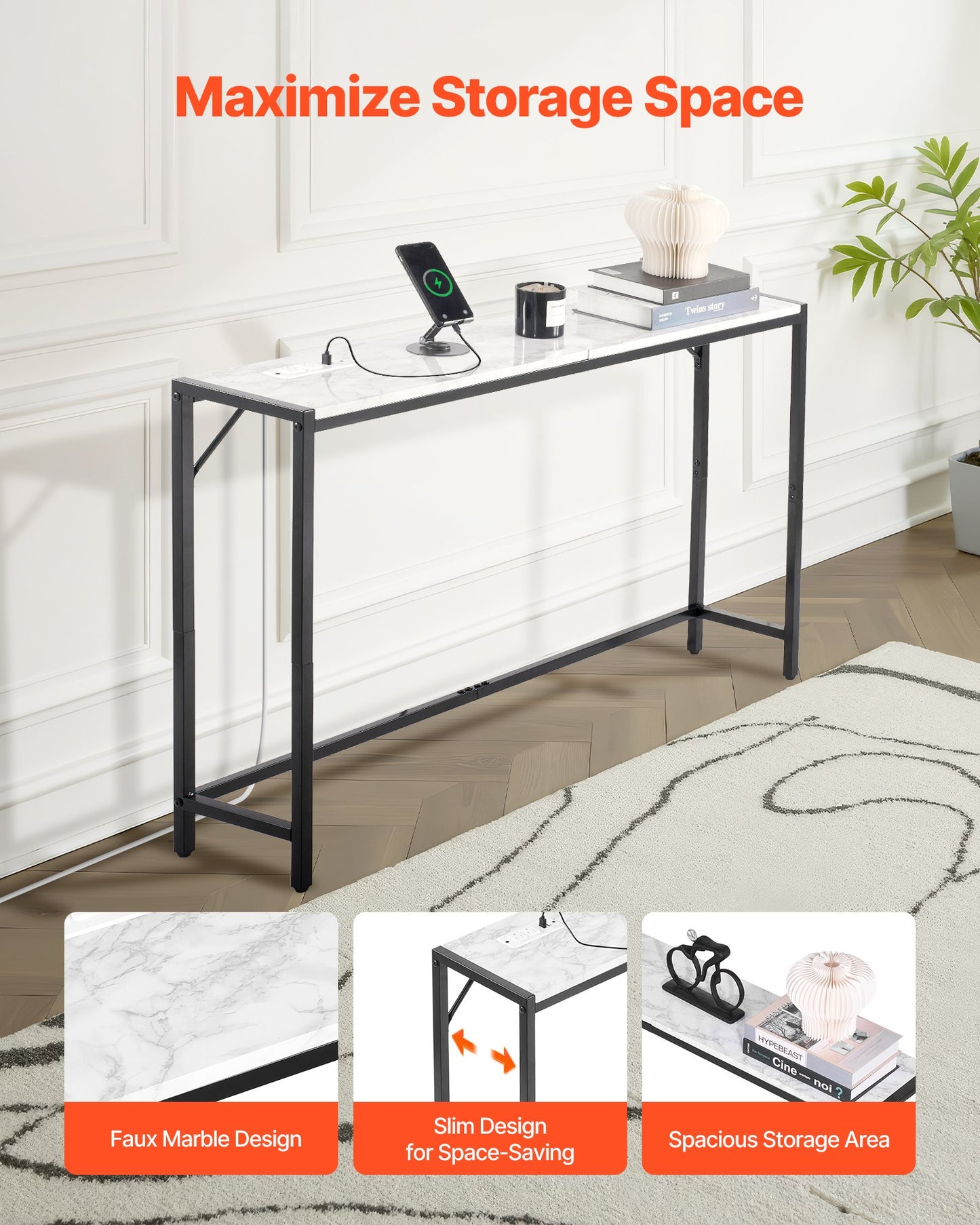 Marble Console Table, Modern Narrow Long Console Table with Power Outlet, Thin Sofa Side Table with Iron Tubes, Anti-Tip Device and Triangular Support for Living Room, Hallway, Entryway, Foyer