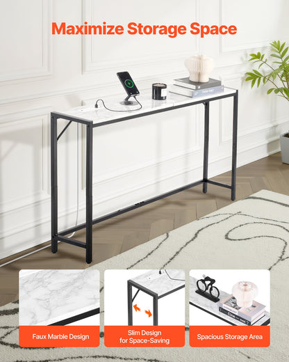 Marble Console Table, Modern Narrow Long Console Table with Power Outlet, Thin Sofa Side Table with Iron Tubes, Anti-Tip Device and Triangular Support for Living Room, Hallway, Entryway, Foyer
