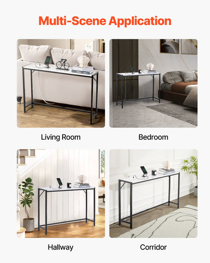 Marble Console Table, Modern Narrow Long Console Table with Power Outlet, Thin Sofa Side Table with Iron Tubes, Anti-Tip Device and Triangular Support for Living Room, Hallway, Entryway, Foyer