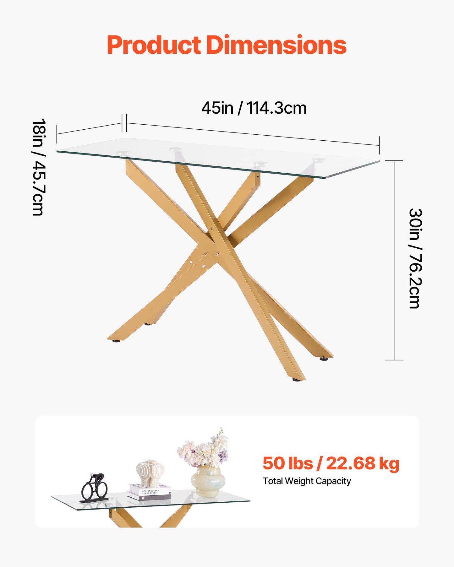 Glass Coffee Table, Modern Rectangle Sofa Side Table with Tempered Glass Top & Iron Cross-Legs, Golden Geometric Consloe Desk with Adjustable Anti-slip Foot Pads for Living Room, Entryway, Foyer