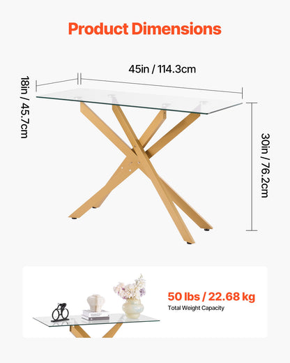Glass Coffee Table, Modern Rectangle Sofa Side Table with Tempered Glass Top & Iron Cross-Legs, Golden Geometric Consloe Desk with Adjustable Anti-slip Foot Pads for Living Room, Entryway, Foyer
