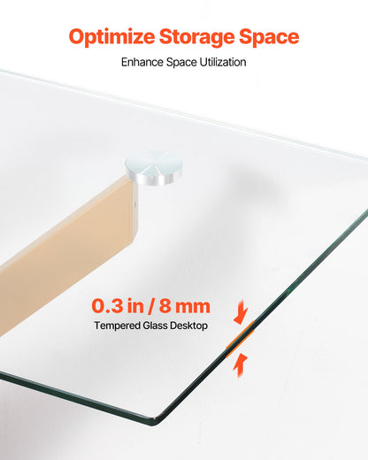 Glass Coffee Table, Modern Rectangle Sofa Side Table with Tempered Glass Top & Iron Cross-Legs, Golden Geometric Consloe Desk with Adjustable Anti-slip Foot Pads for Living Room, Entryway, Foyer