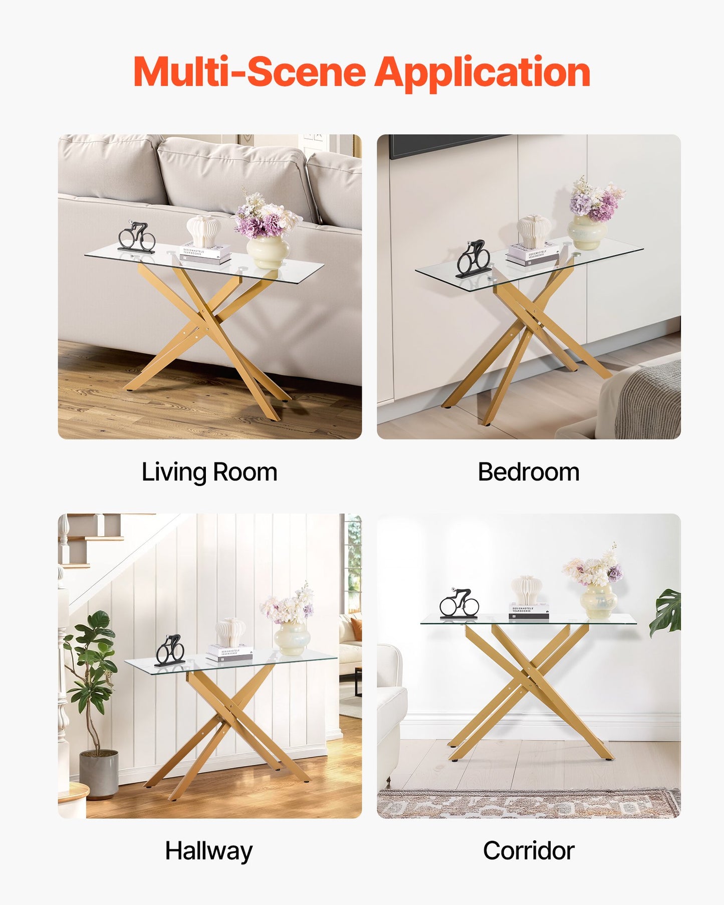 Glass Coffee Table, Modern Rectangle Sofa Side Table with Tempered Glass Top & Iron Cross-Legs, Golden Geometric Consloe Desk with Adjustable Anti-slip Foot Pads for Living Room, Entryway, Foyer