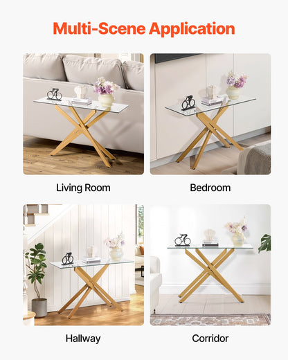 Glass Coffee Table, Modern Rectangle Sofa Side Table with Tempered Glass Top & Iron Cross-Legs, Golden Geometric Consloe Desk with Adjustable Anti-slip Foot Pads for Living Room, Entryway, Foyer