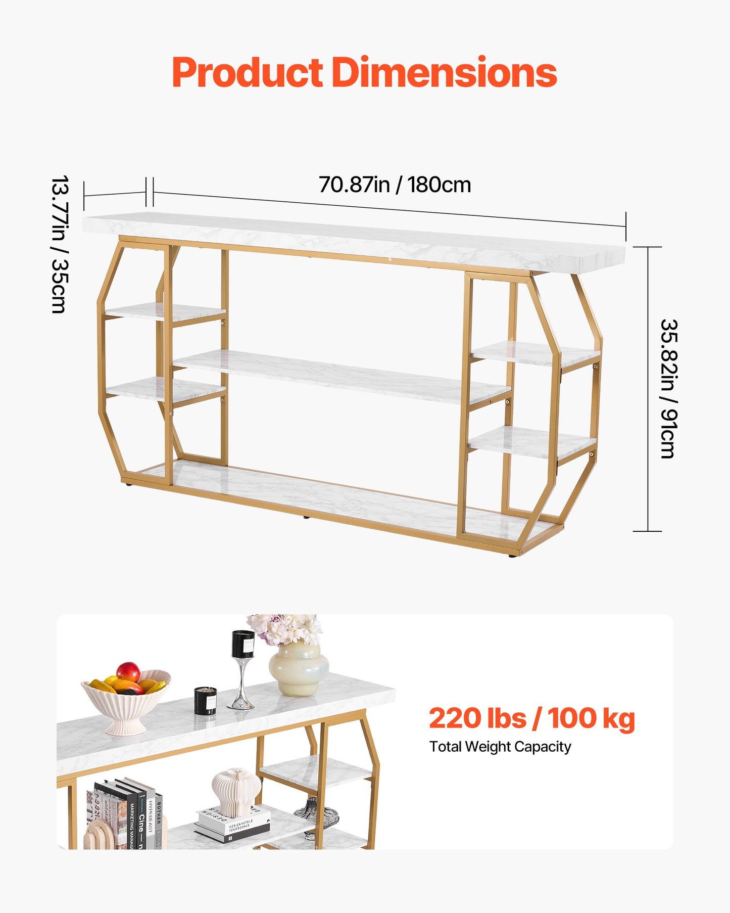 Marble Console Table, 3 Tiers Modern Console Table for Open Storage, Golden Geometric Table with Iron Tubes, Anti-Tip Device and Triangular Support for Living Room, Hallway, Entryway, Foyer