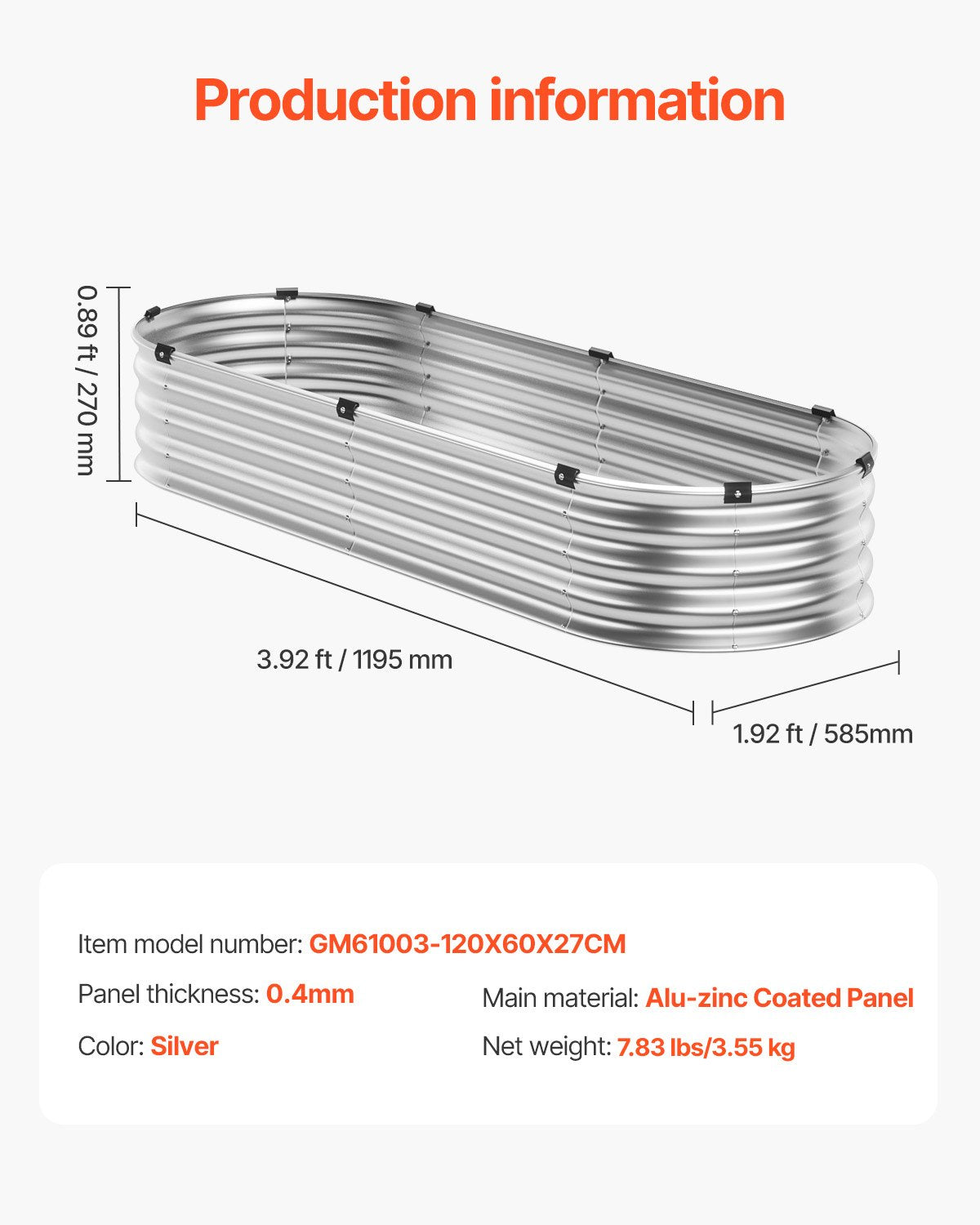 Metall-Hochbeet für den Garten, 1,2 x 6 x 3 m, verzinkter Pflanzkasten für den Außenbereich, silberfarben