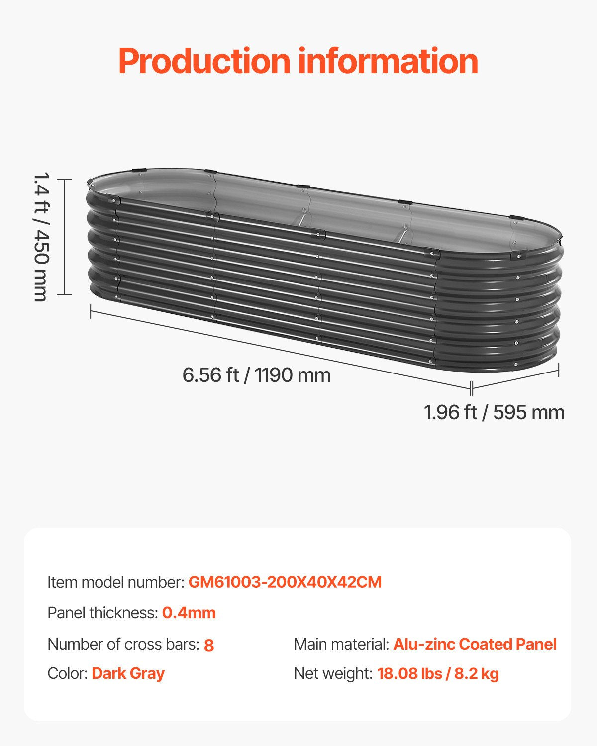 Metall angehobenes Garten-Bett 6.56x1.96x1.4 Fuß galvanisierte Pflanzer-Kasten-Dunkelgrau