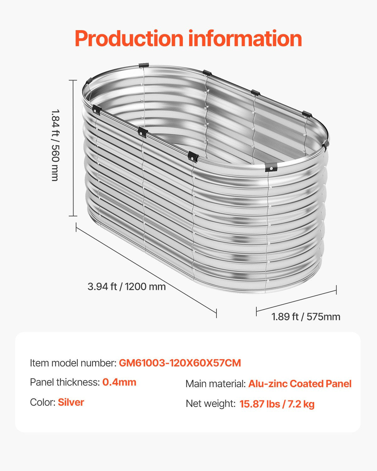 Metall-Hochbeet, 4 x 2 x 2 Fuß, verzinkter Pflanzkasten für den Außenbereich, silberfarben