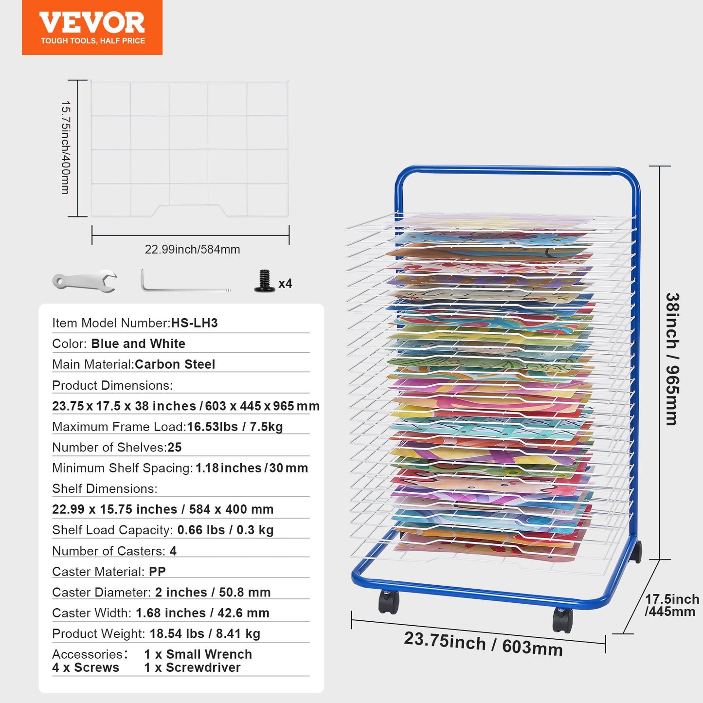 Art drying rack 25 removable shelves Paint drying rack with 4 wheels Blue