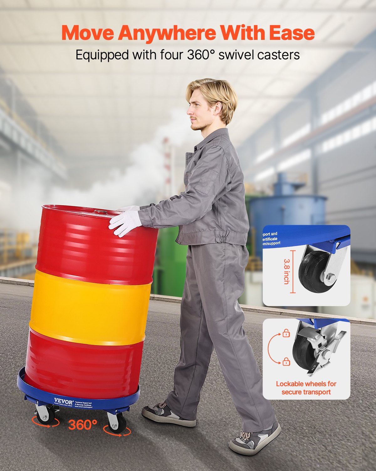 55 Gallon Drum Dolly 2000 lbs Barrel Dolly Cart Drum Caddy 4 Casters