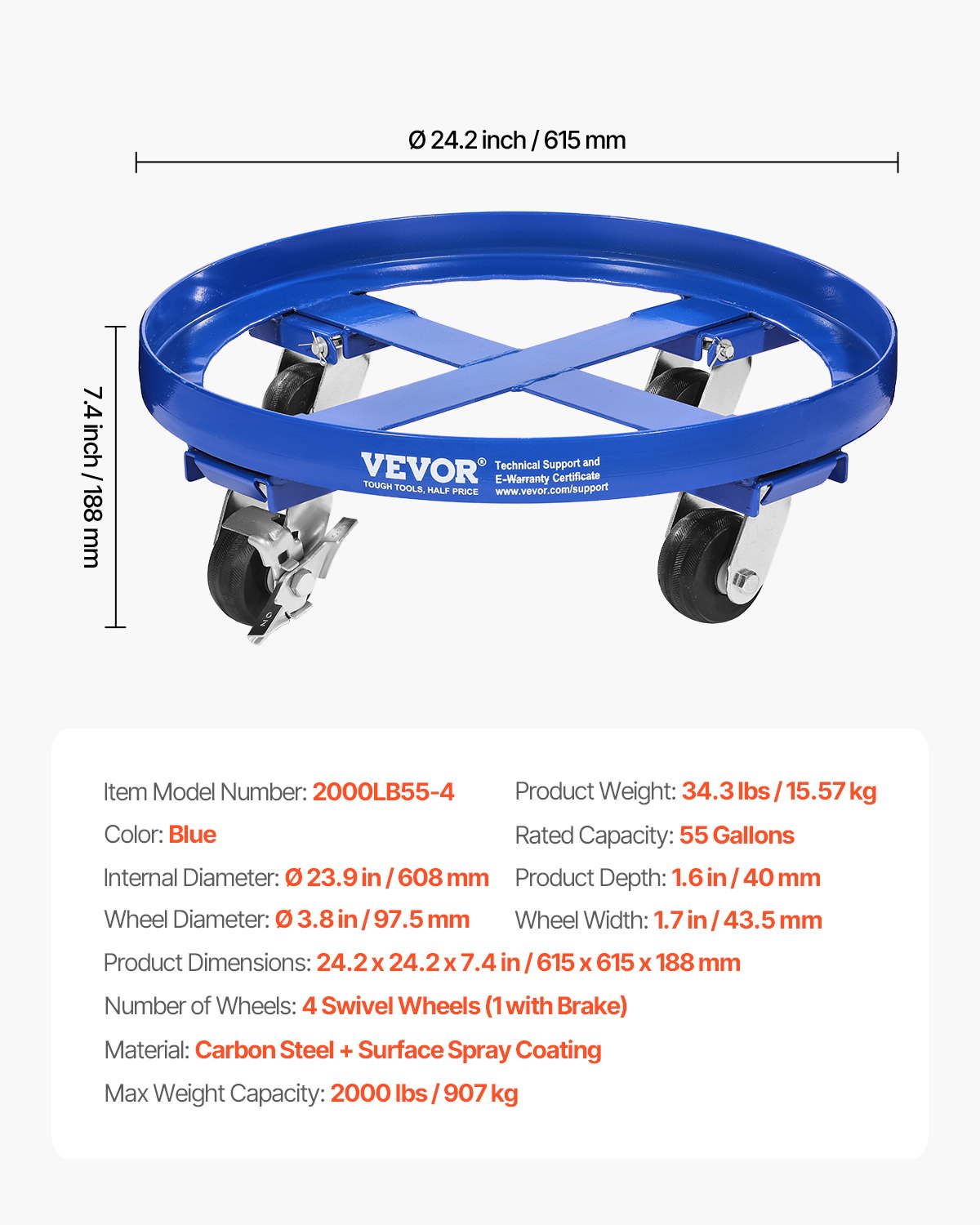 55 Gallon Drum Dolly 2000 lbs Barrel Dolly Cart Drum Caddy 4 Casters