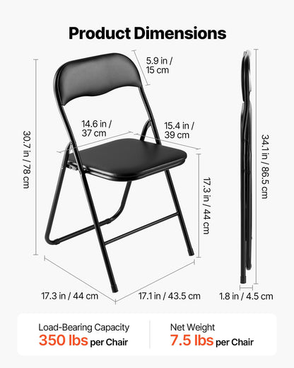 6 Pack Folding Chairs, Foldable Leather Chairs with Heavy Duty Metal Frame & Padded Cushion, Portable Folding Card Table Chairs, Stackable Seats for Home, Yard, Garden, Parties, Events, Black