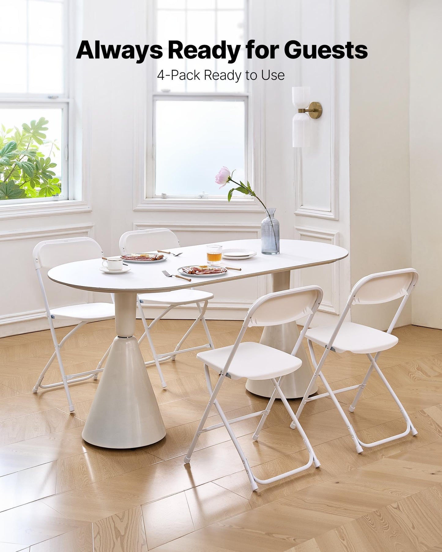 4 Pack Folding Chairs, Foldable Plastic Chairs with Heavy Duty Metal Frame, Portable Folding Card Table Chairs, Stackable Indoor Outdoor Seats for Home, Yard, Garden, Parties, Events, White