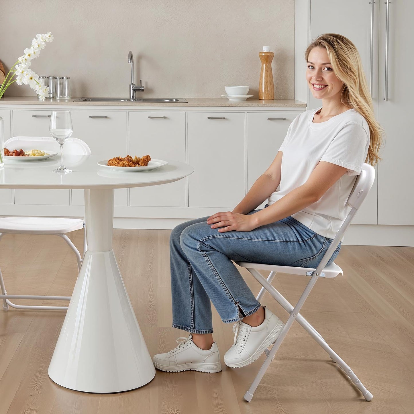 4 Pack Folding Chairs, Foldable Plastic Chairs with Heavy Duty Metal Frame, Portable Folding Card Table Chairs, Stackable Indoor Outdoor Seats for Home, Yard, Garden, Parties, Events, White