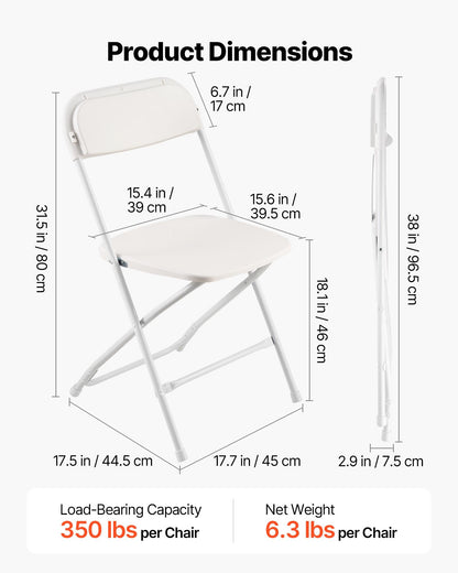 6 Pack Folding Chairs, Foldable Plastic Chairs with Heavy Duty Metal Frame, Portable Folding Card Table Chairs, Stackable Indoor Outdoor Seats for Home, Yard, Garden, Parties, Events, White