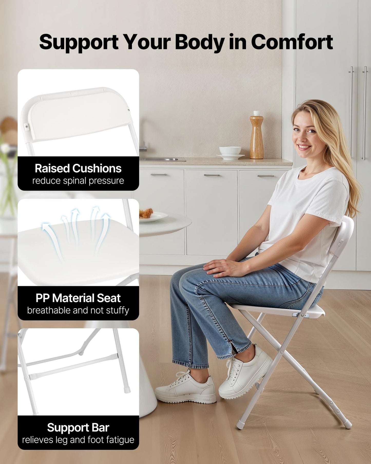 6 Pack Folding Chairs, Foldable Plastic Chairs with Heavy Duty Metal Frame, Portable Folding Card Table Chairs, Stackable Indoor Outdoor Seats for Home, Yard, Garden, Parties, Events, White