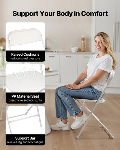 6 Pack Folding Chairs, Foldable Plastic Chairs with Heavy Duty Metal Frame, Portable Folding Card Table Chairs, Stackable Indoor Outdoor Seats for Home, Yard, Garden, Parties, Events, White