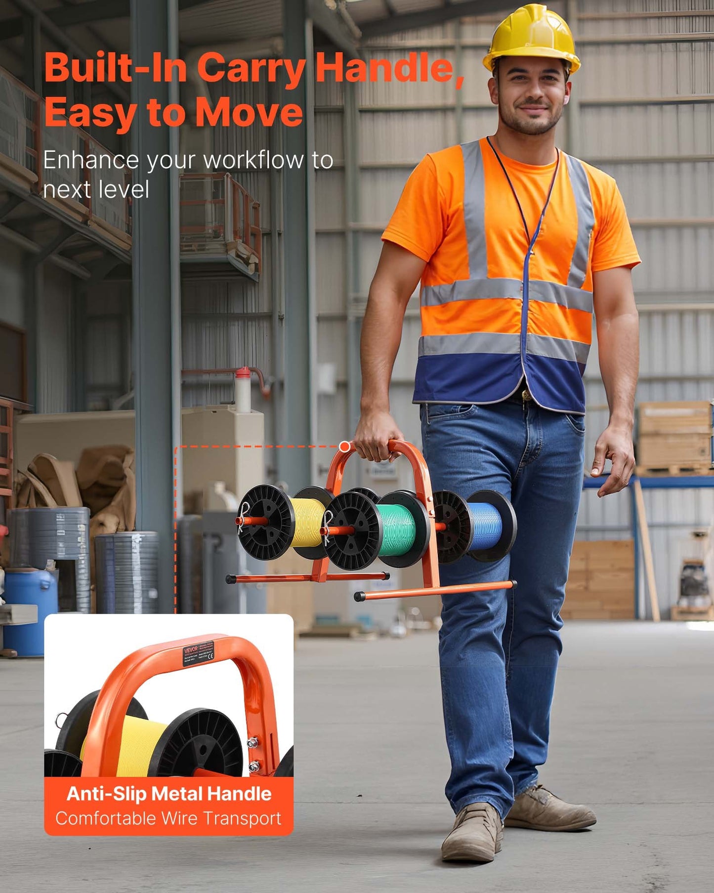 Wire Spool Rack, 100 lbs Capacity, Smart Hand Caddy, Heavy-Duty Steel Wire Dispenser Holder for Up to 8 Spools, MAX 9.45 in Diameter, Easy Lift Design for Electrical Industrial and Retail Use