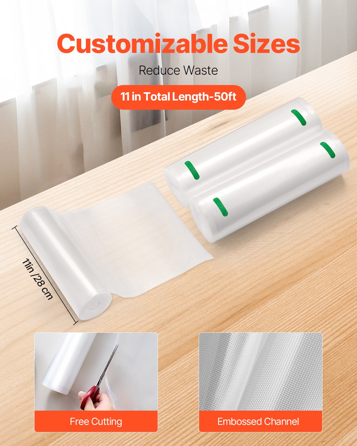 Vacuum Sealer Bags, 2 Rolls 11 In x 50 Ft, Non-BPA Food Grade Seal A Meal Bags, Customizable Freezer-friendly Vac Sealing Bag for Food Saver, Food Storage Vacuum Bags for Meal Prep or Sous Vide