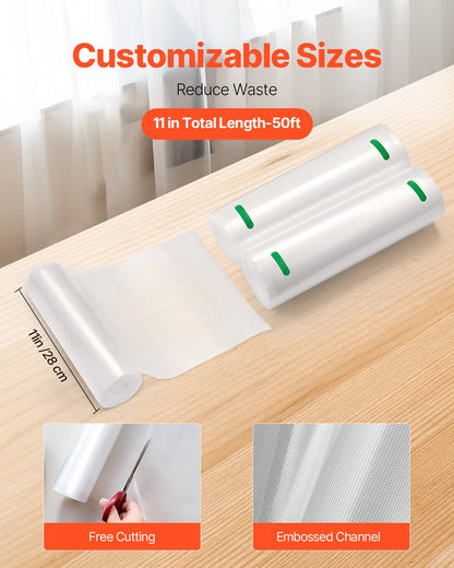 Vacuum Sealer Bags, 2 Rolls 11 In x 50 Ft, Non-BPA Food Grade Seal A Meal Bags, Customizable Freezer-friendly Vac Sealing Bag for Food Saver, Food Storage Vacuum Bags for Meal Prep or Sous Vide