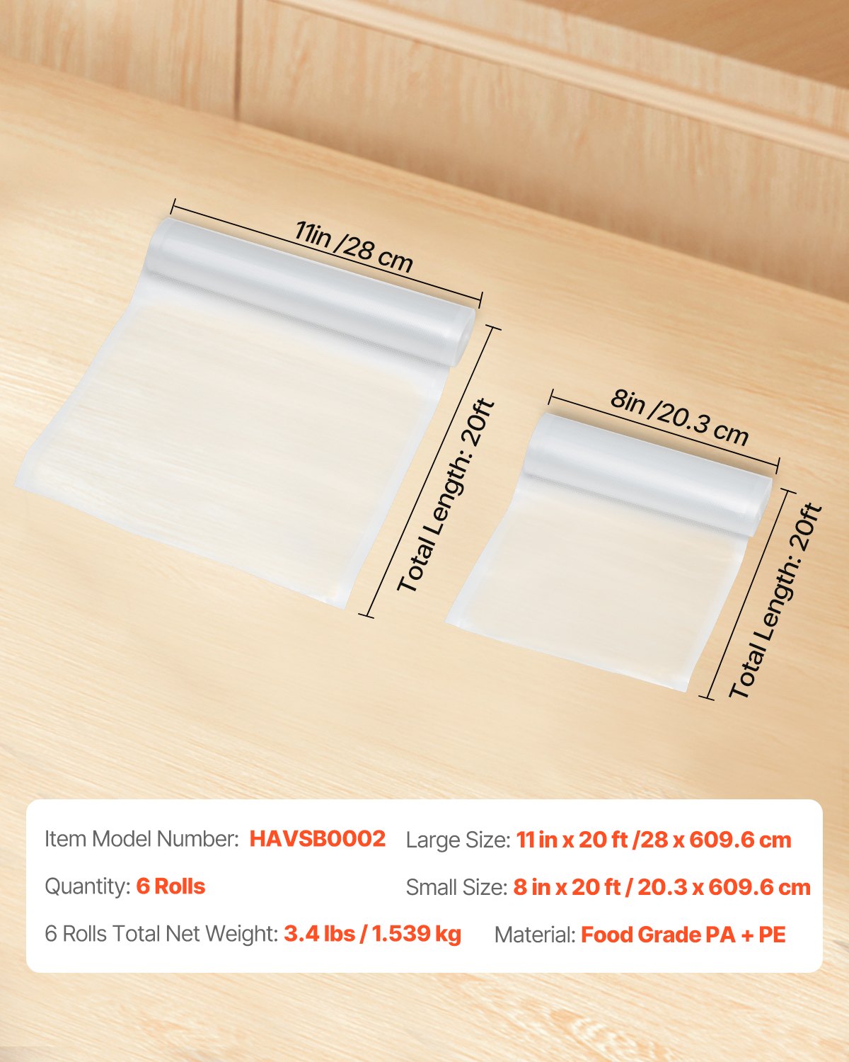 Vacuum Sealer Bags, 3 Rolls 11 In x 20 Ft & 3 Rolls 8 In x 20 Ft, Non-BPA Food Grade Seal A Meal Freezer Bag, Customizable Vac Sealing Food Saver Bags, Storage Vac Bag for Meal Prep or Sous Vide