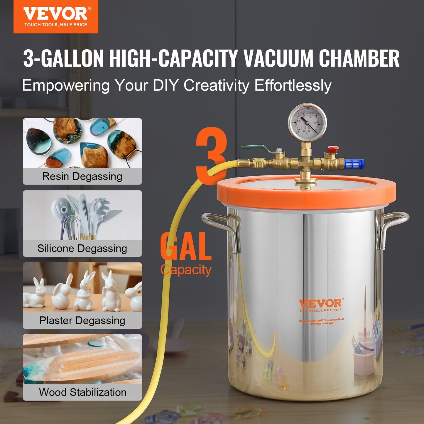3 Gallon Vacuum Chamber, Upgraded Tempered Glass Lid Vacuum Degassing Chamber, 304 Stainless Steel Chamber, for Stabilizing Wood, Resin Degassing, Silicone Degassing and Plaster Degassing