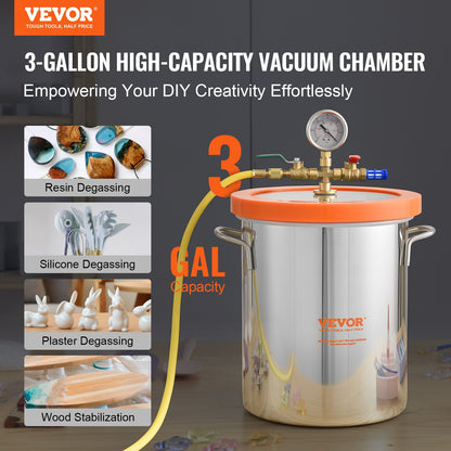 3 Gallon Vacuum Chamber, Upgraded Tempered Glass Lid Vacuum Degassing Chamber, 304 Stainless Steel Chamber, for Stabilizing Wood, Resin Degassing, Silicone Degassing and Plaster Degassing