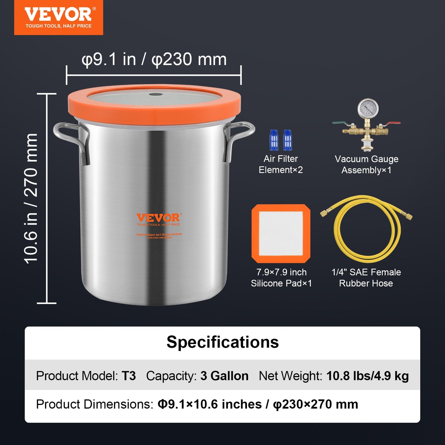3 Gallon Vacuum Chamber, Upgraded Tempered Glass Lid Vacuum Degassing Chamber, 304 Stainless Steel Chamber, for Stabilizing Wood, Resin Degassing, Silicone Degassing and Plaster Degassing