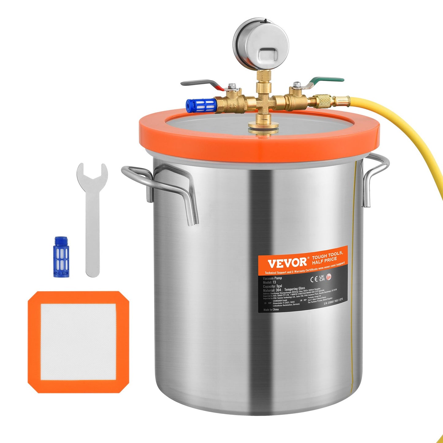 3 Gallon Vacuum Chamber, Upgraded Tempered Glass Lid Vacuum Degassing Chamber, 304 Stainless Steel Chamber, for Stabilizing Wood, Resin Degassing, Silicone Degassing and Plaster Degassing