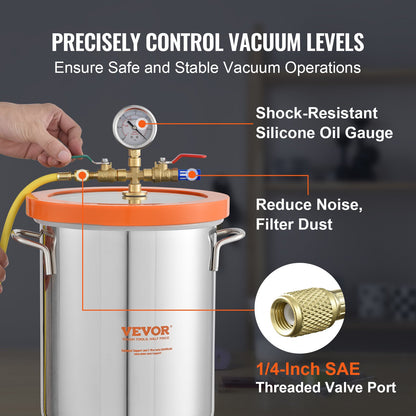 5 Gallon Vacuum Chamber, Upgraded Tempered Glass Lid Vacuum Degassing Chamber, 304 Stainless Steel Chamber, for Stabilizing Wood, Resin Degassing, Silicone Degassing and Plaster Degassing