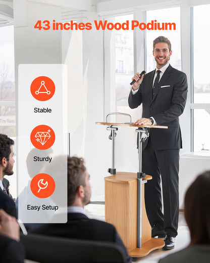Podium Stand, 43-Inch Wooden Lectern, Portable Laptop Desk with Lockable Wheels, Wide Reading Surface and Open Storage Area, Adjustable Height and Angle, for Speeches, Lectures, or Presentations